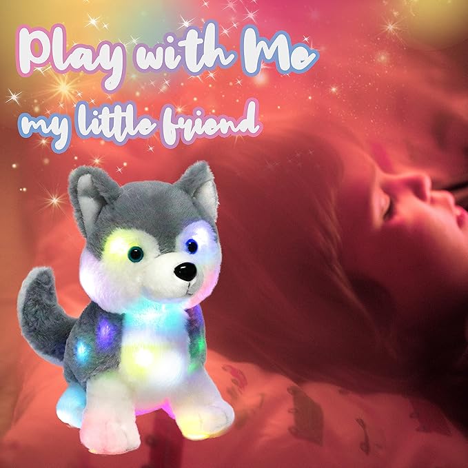Hopearl LED Plush Husky Lighting Up Stuffed Animal Dog Floppy Puppy Night Lights Glow in The Dark Birthday Festival for Kids Toddlers Boys Girls, Gray, 12''