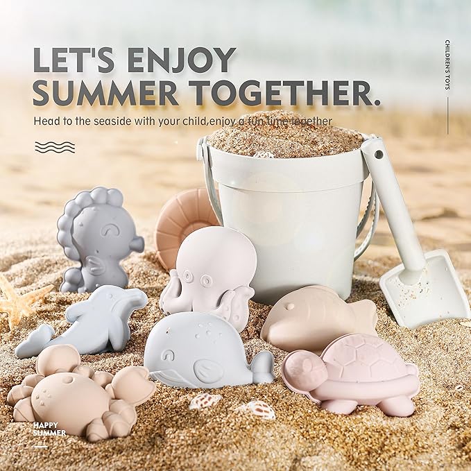 MarcZero 11Pcs Silicone Beach Toys Set - Travel Friendly With Bucket, Shovel, 8 Sand Molds, Bag - Modern Baby Sand Toys for Toddlers, Kids (Gray)