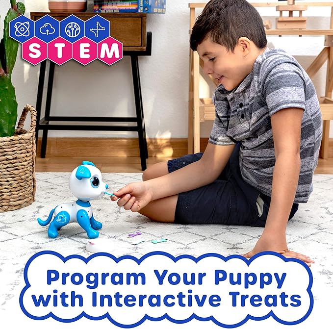 Robo Pets Robot Dog Toy for Girls and Boys - Remote Control Robot Toy Puppy with LEDs, Sound FX, Interactive Hand Motion Gestures, STEM Program Treats, Dancing and Walking RC Pet for Kids (Blue)