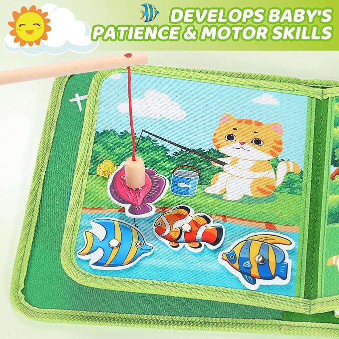 Busy Book for Toddlers 1-3, Montessori Toys Busy Board for 1 Year Old with Fishing Game Finger Puppet Motor Skill, Quiet Airplane Travel Essential Activities 1 2 3 Christmas Birthday Gift Boy Girl