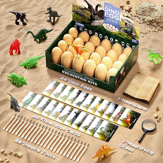 24 Dinosaur Eggs Dig Kit Toys for Kids, Surprise Dinosaur Eggs Excavation Kit with Magnifier, Science STEM Birthday Party Favors Easter Gifts for Boys Girls Age 3 4 5 6 7 8 9 10 + Years Old