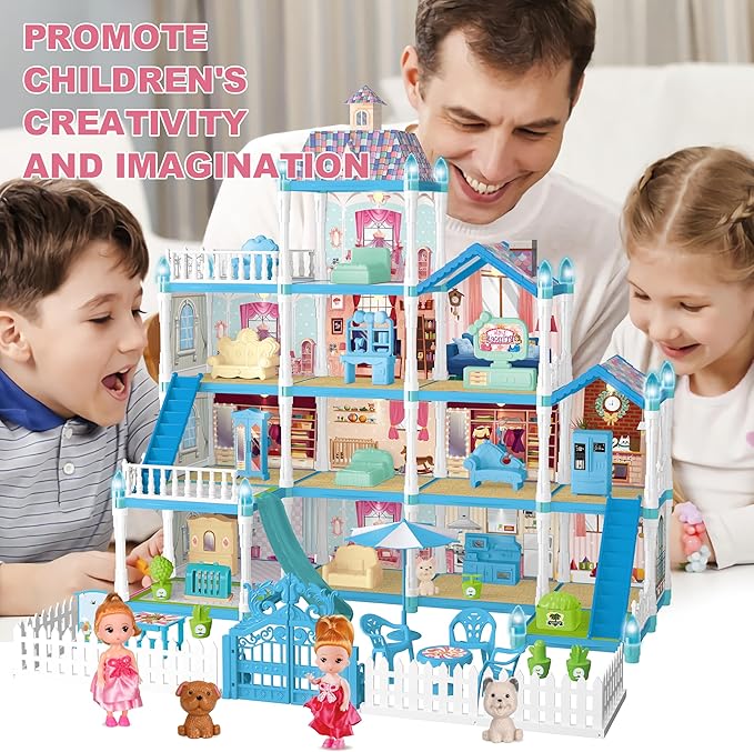 OCRETIC Doll House for Girls,13 Rooms Dollhouse with 2 Dolls, Lights, Figure, Puppies,Furnitures, Accessories, Toddler Playhouse Gift for for 3 4 5 6 7 8 9 10 Year Old Girls Toys (Blue)