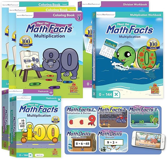 Meet The Math Facts Multiplication & Division Levels 1, 2 & 3 Big Set! - Bundle with 2 Workbooks, 2 Sets of Flashcards, 3 Coloring Books, + 5 Video Downloads - Primary School Prep Series!