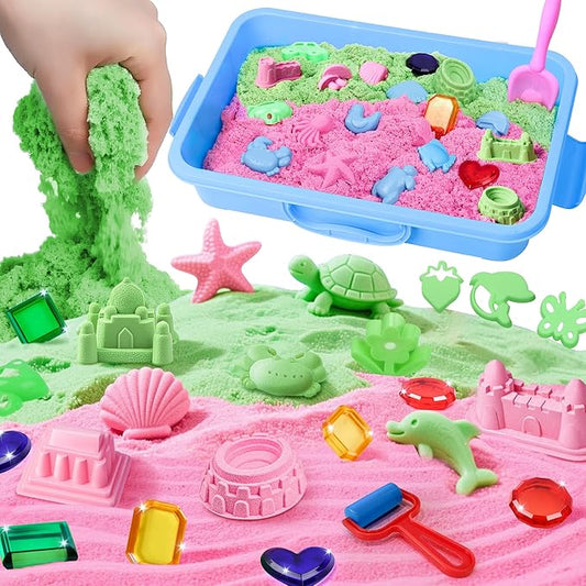 Ocean Sensory Bin, Play Set with 2 Color Moldable Sensory Sand, Magic Sand Art Kit with Sandbox, Sensory Beach Toys for Toddlers Kids, Christmas Birthday Gift for Boys Girls Age 3 4 5 6 7 8