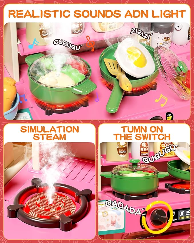 33.8IN - 70PCS Kids Kitchen Playset with Sound & Light - Cooking Stove with Steam, Play Sink and Toy Kitchen Accessories - Pretend Kitchen Play Food Toys for Kids Boys Girls - Toddler Play Kitchen Set