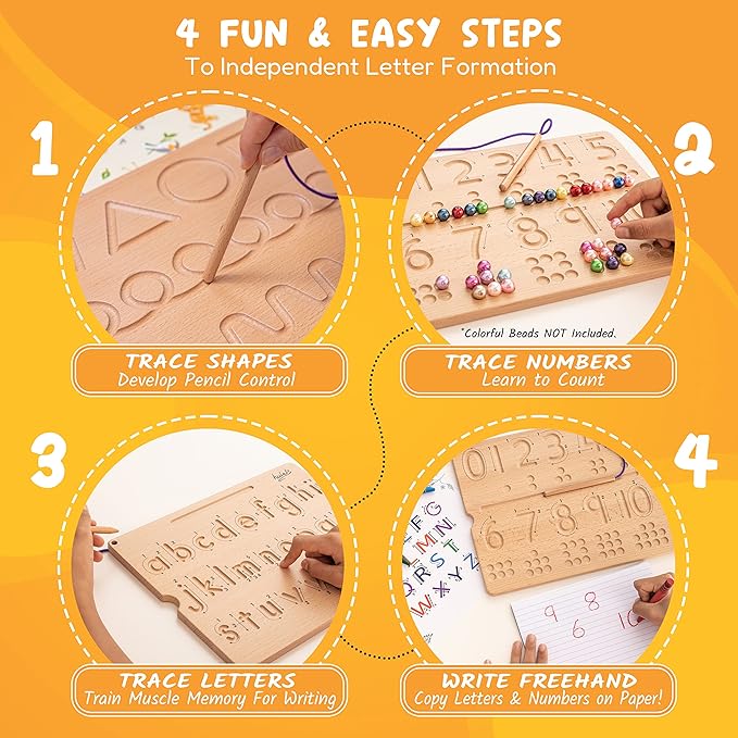 Learn to Write - Number & Letter Tracing Boards with Direction Arrows - Wooden Alphabet Learning Montessori Toys 4+ Year Old Toddler Writing Tools Beginner Preschool Classroom Must Haves