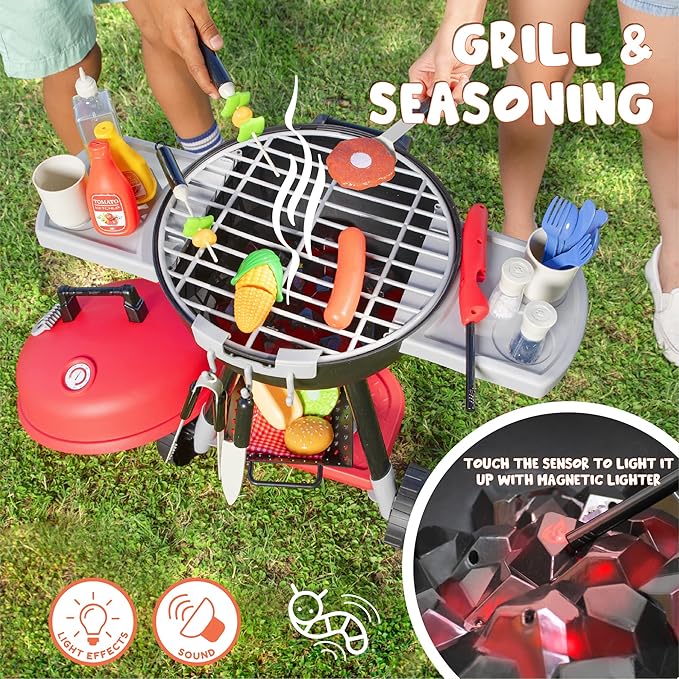 JOYIN 34 PCS Kitchen Toy Set, BBQ Play Grill, Cooking Toy Set, Little Chef Play, Kids Grill Playset Interactive BBQ for Kids with Light & Sound, Christmas Birthday Gift for Boys Girls