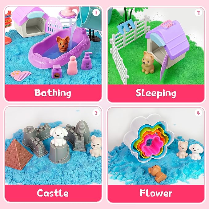 Timetome Pet Sensory Bin, Dog Sandbox for Kids, Kids Play Sand Toys Kit, Pet Play Set with Sensory Sand, Pet Bathroom Play Set, Role Pretend Play Beach Toy Birthday Gift for Girls Boys 3 4 5 6 Years