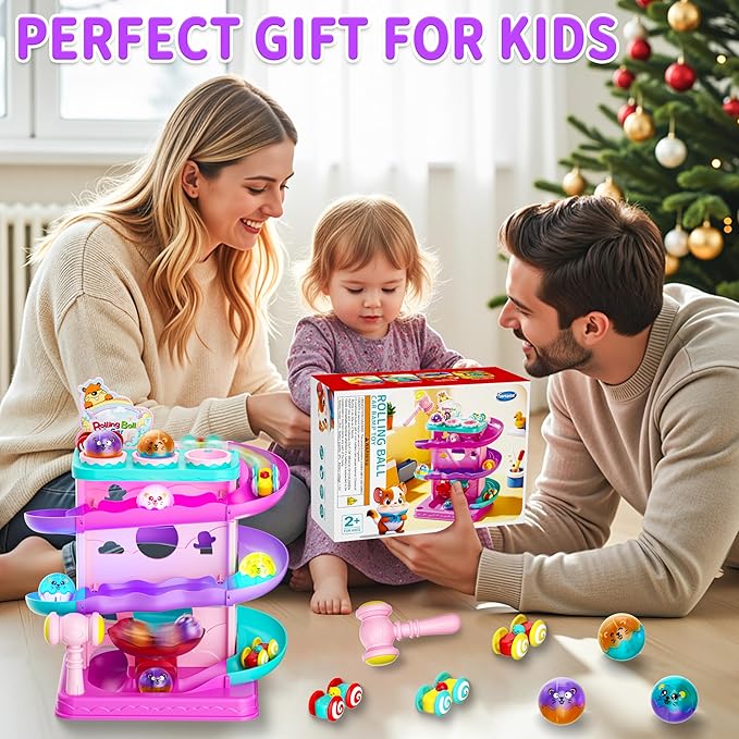 Funwee 2-in-1 Ball & Racing Car Ramp Toy for Toddlers, Race Track Hammer Rolling Lights Ball Drop, Interactive Montessori Learning Game Birthday Gift Idea for Kids 2 3 4 5+Year Old Girl Boy(Pink)
