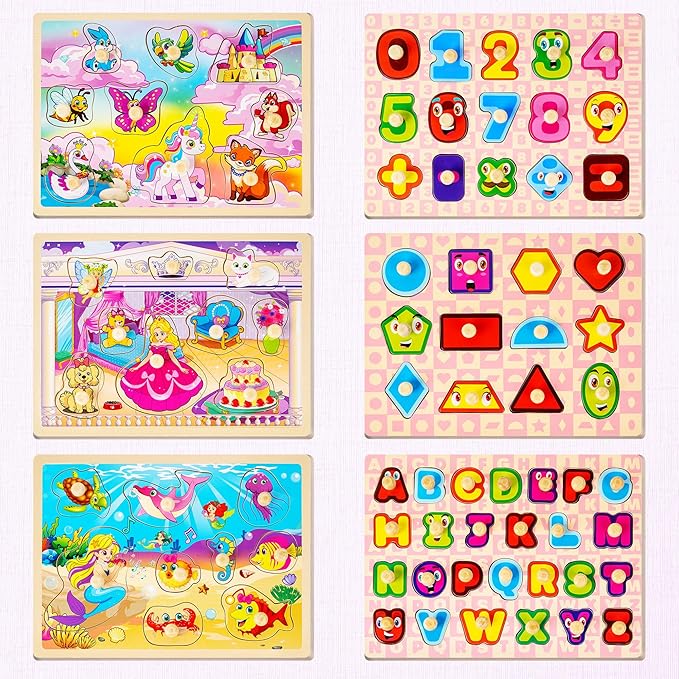 SYNARRY Wooden Puzzles for Toddlers 1-3, 6XSET Toddlers Puzzles Ages 1-3 with Rack, Learning Alphabet Number Shape Unicorn Princess Mermaid Animal, Christmas Toys Gifts for 1 2 3 Years Old Girl Gifts