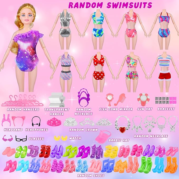 135 Pcs Doll Clothes and Accessories with Doll, Princess Gowns, Fashion Dresses, Slip Dresses, Top, Pants, Jumpsuit, Swimsuits, Shoes, Hangers, Doll Dress up Toys for Girls Kids Toddlers Toy Gifts