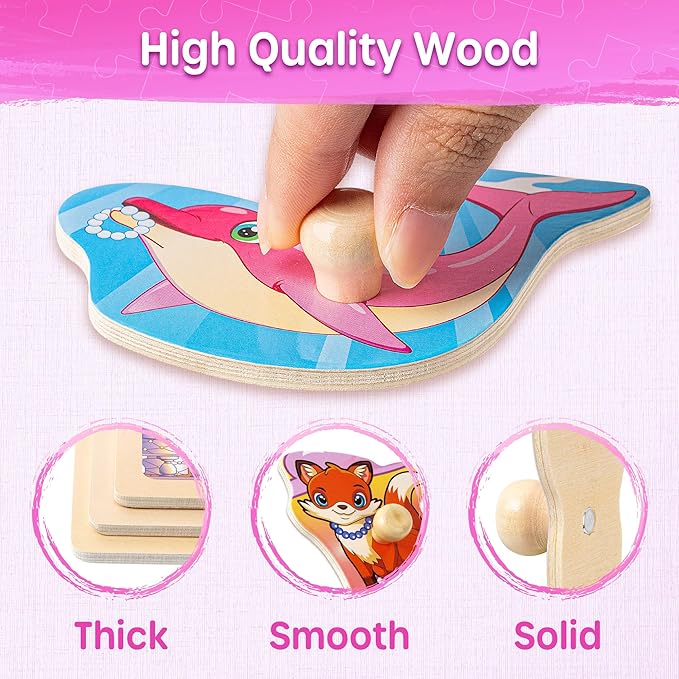 SYNARRY Wooden Puzzles for Toddlers 1-3, 6XSET Toddlers Puzzles Ages 1-3 with Rack, Learning Alphabet Number Shape Unicorn Princess Mermaid Animal, Christmas Toys Gifts for 1 2 3 Years Old Girl Gifts