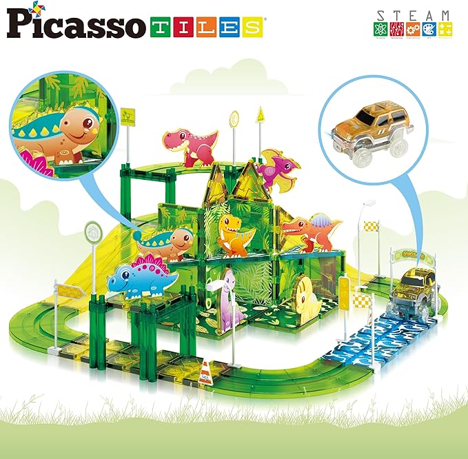 PicassoTiles Dinosaur Magnetic Tiles Racecar Track with 8 Magnet Tile Dino Toys 2 Cars Street Sign Accessory Kit Construction Building Blocks Educational Picasso Toy for Kids Ages 3 and up PTR02