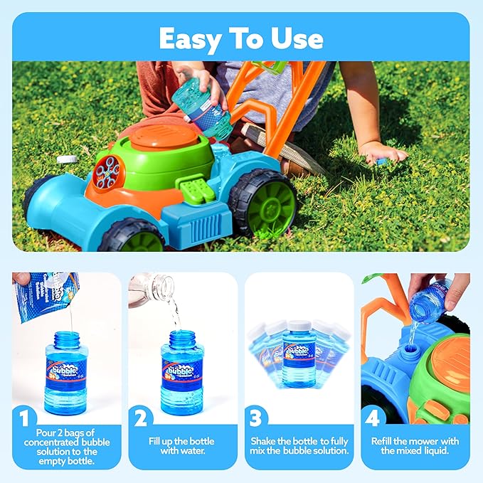 SLOOSH Bubble Lawn Mower Toddler Toys - Spill-Proof Bubble Machine Pretend and Play Toy for Toddler Age 1 2 3 1-3 Year Old Indoor Outdoor Use, Push Toys Baby Boys Xmas Christmas Birthday Gifts (Blue)