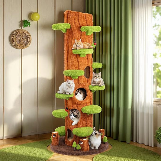 88.6" Extra Large Solid Wood Cat Tree Tower – Multi-Level Indoor Cat Condo with Scratching Posts, Tall Climbing Activity Center for Large Cats