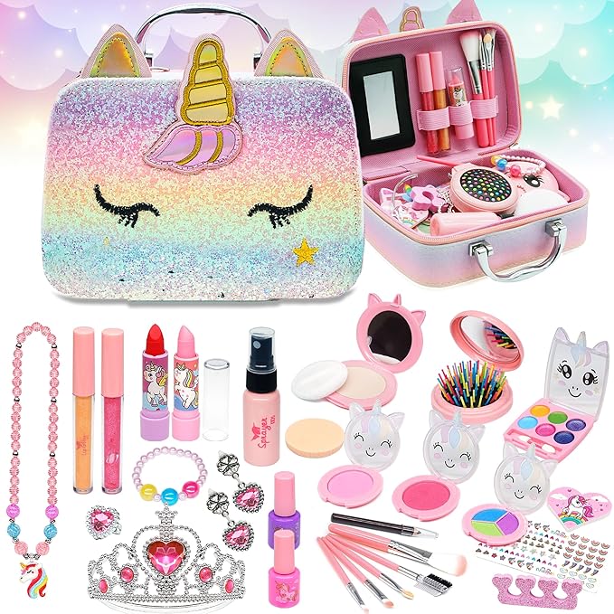 Kids Real Makeup Kit for Girls - 63Pcs Non-Toxic Washable Little Girls Make Up Toys, Princess Cosmetics Set for Toddlers to Tweens