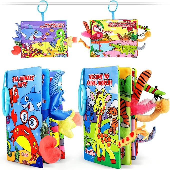 Vanmor Soft Baby Books for 0-18 Month Olds – 2PCS Crinkle Cloth Books with Forest & Ocean Themes, Tummy Time Toys for Infants, Sensory Toys for Babies, Stocking Suffer for Baby