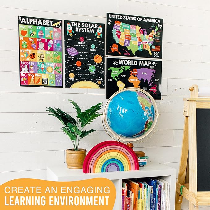 Hadley Designs 4 Alphabet, Map of United States, World Map, & Solar System Posters - Laminated ABC Charts for Toddlers Wall Decor, Chalk Posters for Kindergarten, Prek Classroom or Homeschool 11x17