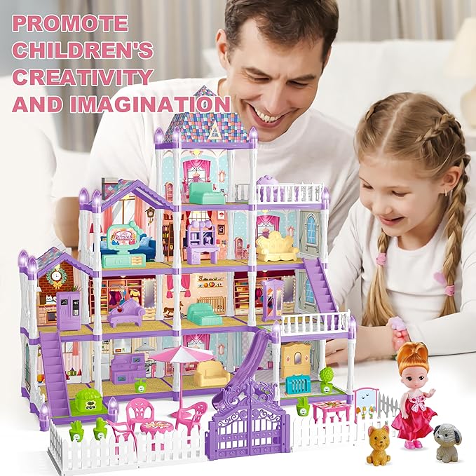 Doll House for Girls ,13 Rooms Doll House with 2 Dolls, Lights, Puppies ,Furnitures, Accessories, Toddler Playhouse Gift for for 3 4 5 6 7 8 9 10 Year Old Girls Toys ( Purple)