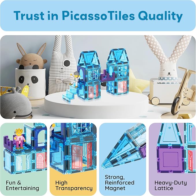 PicassoTiles 72 Piece Magnetic Building Tiles Castle Winter Ice Theme Construction Magnet Block Set with Princess Prince Character Stairs Windows Doors STEM Learning Educational Toy Kids Ages 3+ PT72
