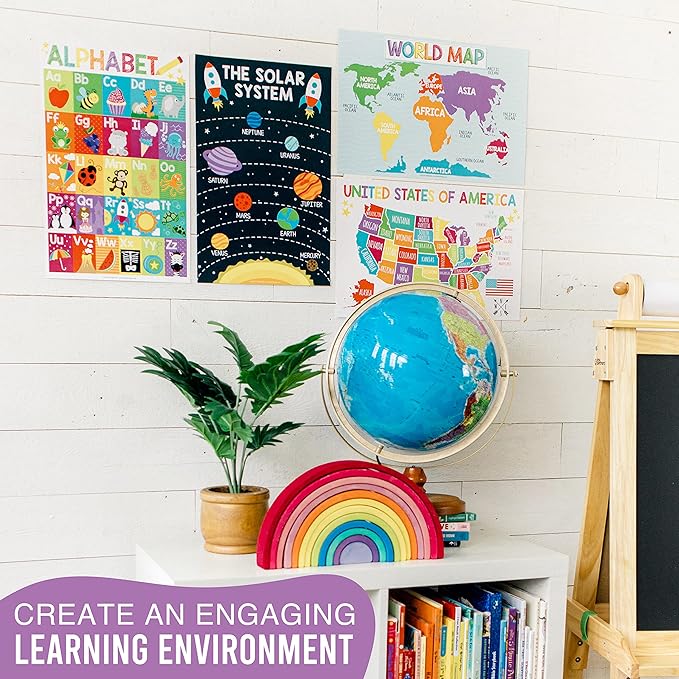 4 Alphabet, Map of United States, World Map, & Solar System Posters - Laminated ABC Charts for Toddlers Wall Decor, Colorful Posters for Kindergarten, Prek Classroom or Homeschool 11x17