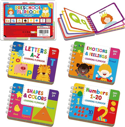 4 Preschool Learning Flipbooks, 96PCS Double Sided Printed Cards Set, Alphabet Letter A-Z, Number 1-20, Feelings and Emotions, Shapes and Colors Mini Board Books Set Early Educational Tool for Kids