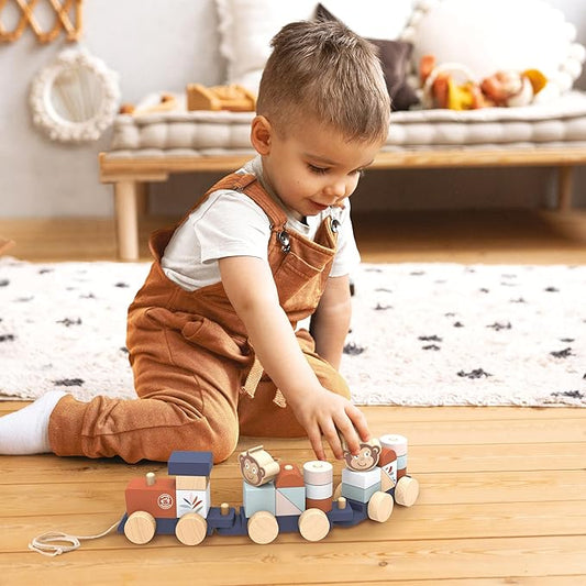 Speedy Monkey Wooden Pull-Along Train Stacker – Soft Colors, Monkey Character, Stacking Blocks, Build Houses | Non-Toxic Paint, Creative Fun, Ideal for Kids, Educational Toy for Toddlers