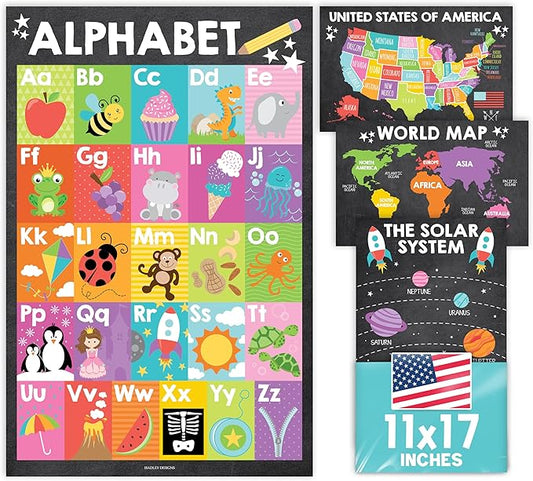 Hadley Designs 4 Alphabet, Map of United States, World Map, & Solar System Posters - Laminated ABC Charts for Toddlers Wall Decor, Chalk Posters for Kindergarten, Prek Classroom or Homeschool 11x17