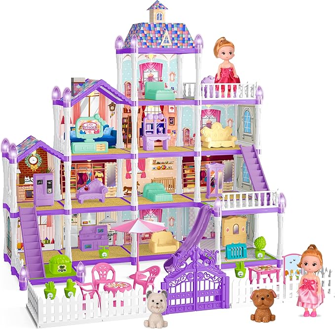Doll House for Girls ,13 Rooms Doll House with 2 Dolls, Lights, Puppies ,Furnitures, Accessories, Toddler Playhouse Gift for for 3 4 5 6 7 8 9 10 Year Old Girls Toys ( Purple)