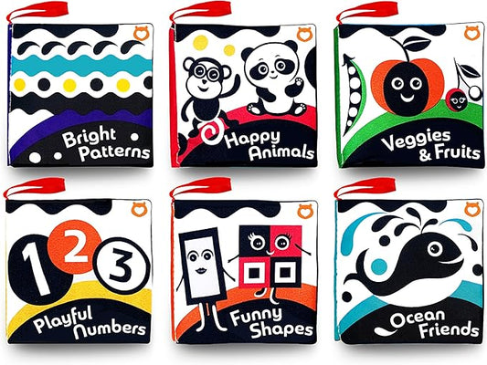 Cloth Books (Set of 6). High Contrast Soft Books. Black and White Images Encourage Infant Development – Suitable for Babies and Toddlers from 3 Months
