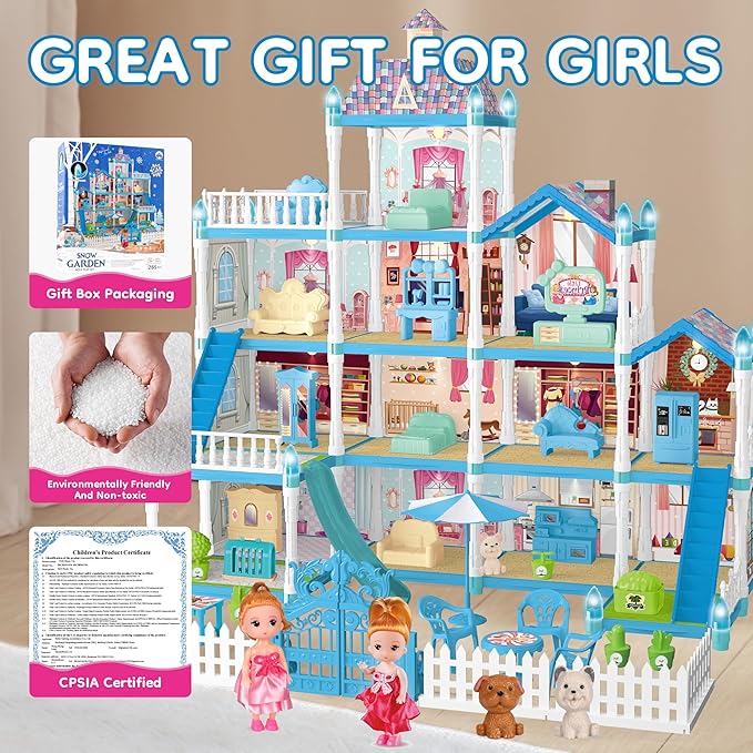 OCRETIC Doll House for Girls,13 Rooms Dollhouse with 2 Dolls, Lights, Figure, Puppies,Furnitures, Accessories, Toddler Playhouse Gift for for 3 4 5 6 7 8 9 10 Year Old Girls Toys (Blue)