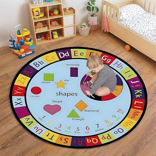 Round Kids Rug,3.3ft,ABC Letters and Numbers Early Learning Rug, Rug for Kids To Learn Colors and Shapes, Suitable for Classroom Playroom, Soft Non-Slip Floor Mat, Boys Girls Bedroom Decoration