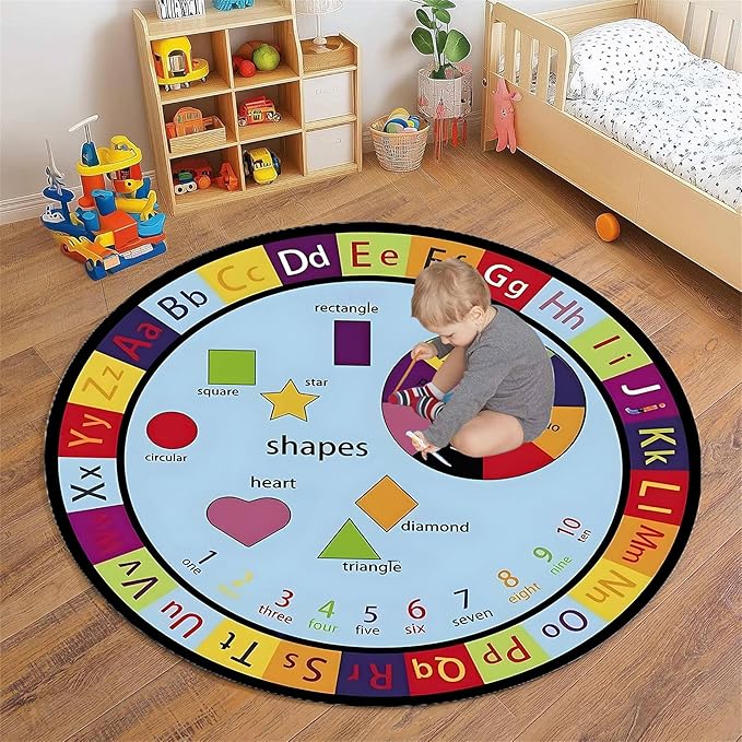 Round Kids Rug,6ft,ABC Letters and Numbers Early Learning Rug, Rug for Kids to Learn Colors and Shapes, Suitable for Classroom Playroom, Soft Non-Slip Floor Mat, Boys Girls Bedroom Decoration