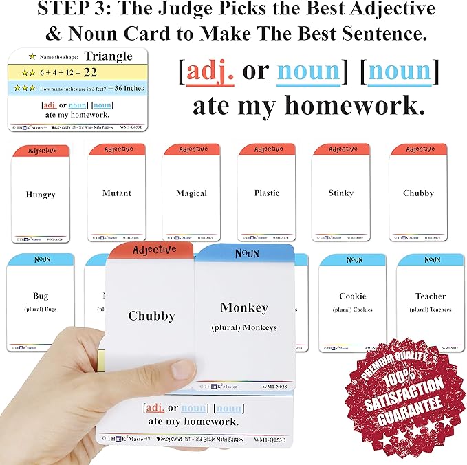 Think2Master Wacky Cards 1st - 3rd Grade. Math Card Game for Families & Classroom. Make Hilarious Sentences While Practicing Math Including Addition, Subtraction & Multiplication. +4 Dry Erase Markers