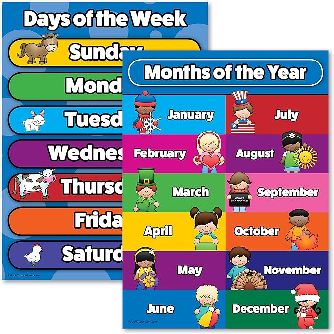 Palace Learning Days of The Week & Months of The Year Poster Chart Set - Laminated - Double Sided (18" x 24")