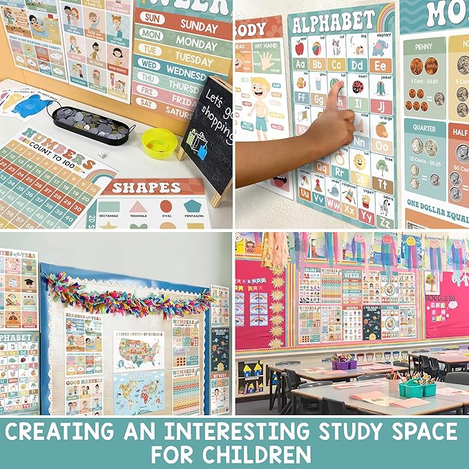 BEAWART 16 Boho Groovy Educational Posters for Preschoolers - Laminated Pre-K and Kindergarten Learning Poster Charts for Toddlers 1-3-5 - Homeschool and Classroom Decor for Kids' Walls