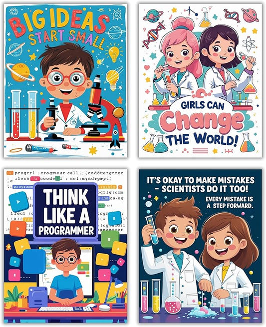 CNTG Design Motivational STEM Posters – Set of 4, 8x10 Inch Unframed Wall Art – Inspirational Science & Programming Quotes for Classroom, Study Room, or Office Decor (STEM Learning)