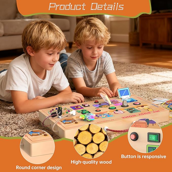 My Busy Home Montessori Busy Board for Toddlers 1-3, Wooden Sensory Activity Board with Switches, Lights, Clock, Kitchen Appliances Toys, Educational Busy Board for 1+ Year Old Boys Girls