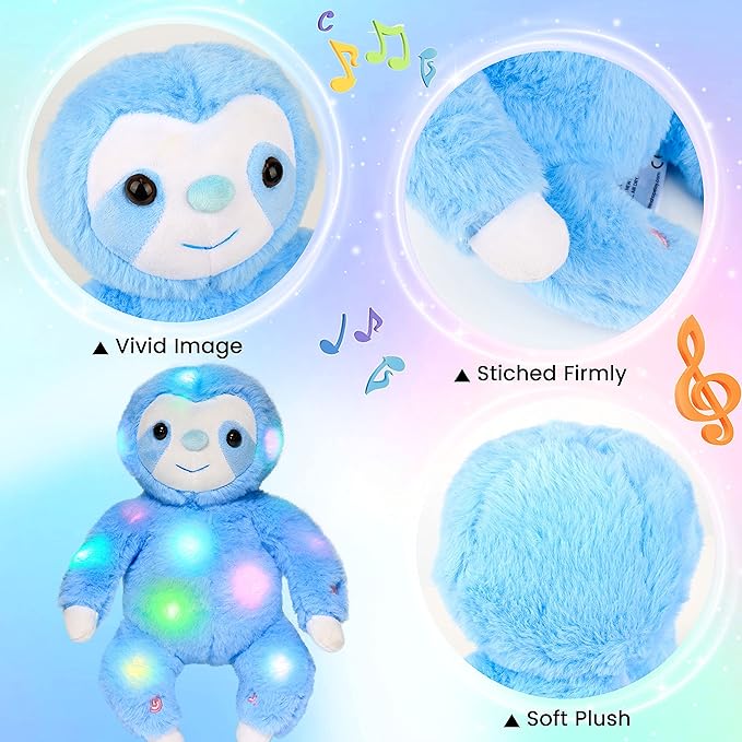Hopearl LED Musical Plush Sloth Light up Stuffed Animal Three Toed Sloth Floppy Night Lights Glow in The Dark Birthday Festival for Kids Toddlers, Blue, 12.5''