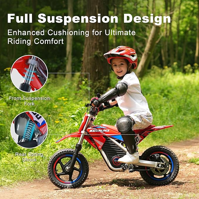 Electric Dirt Bike for Boys Girls Ages 3-8, 250W High Racing Competition Grade Motorcycle, Up to 15.5MPH 3 Speed Settings Balance Bike, 12IN Off-Road Tires & Advanced Shock Absorption, Red
