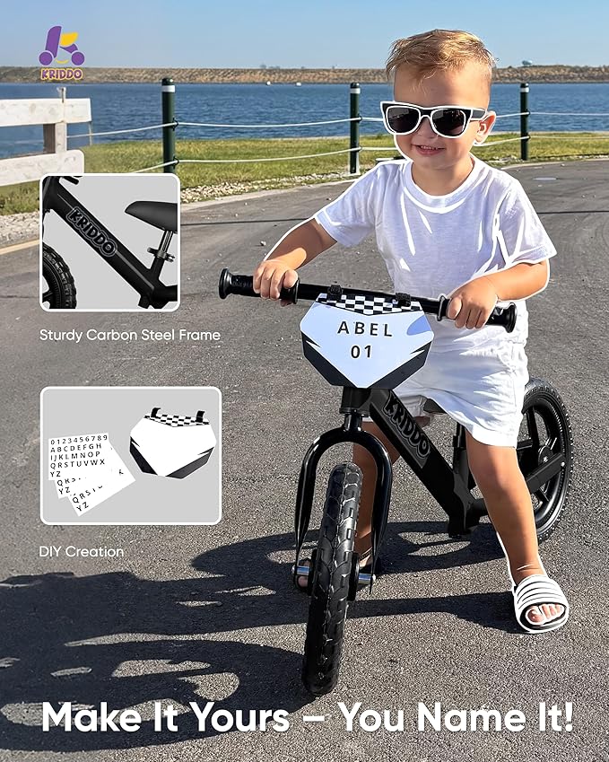 KRIDDO Toddler Balance Bike 2 Year Old, Age 24 Months to 5 Years Old, 12 Inch Push Bicycle with Customize Plate (3 Sets of Stickers Included), Steady Balancing, Gift Bike for 2-3 Boys Girls, Night