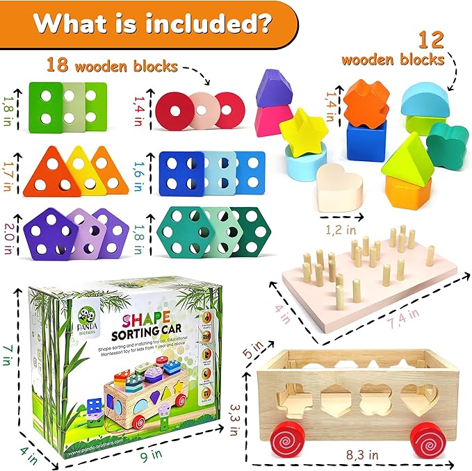 Montessori Wooden Shape Sorter Toy - Shape Stacking Blocks for Toddlers 1-3, Sensory Toys with 6 Pieces