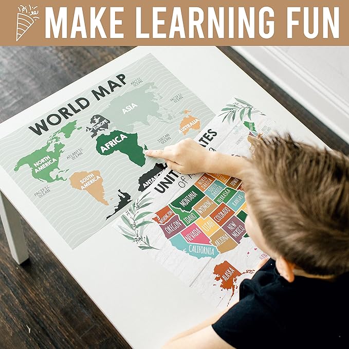 4 Alphabet, Map of United States, World Map, & Solar System Posters - Laminated ABC Charts for Toddlers Wall Decor, Farmhouse Posters for Kindergarten, Prek Classroom or Homeschool 11x17