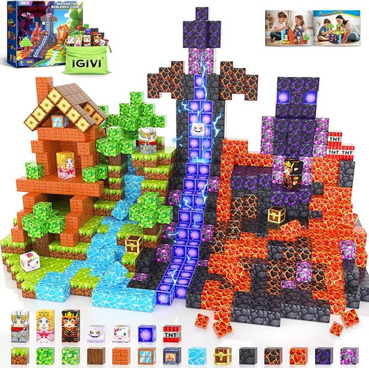 Magnetic Blocks - Build Mine 3D Magworld Forest Lava Set, STEM Magnetic Building Blocks for Kids Ages 4-6 6-8 8-12, Educational Sensory Toys for Toddlers, Birthday Gifts for 3+ Years Old Boys & Girls
