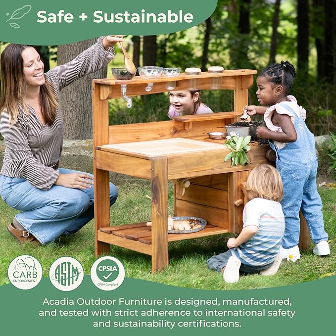 Guidecraft Acadia Kids' Outdoor Mud Kitchen Playset - Pretend Play Kitchen with Sink, Stove, and Accessories | Wooden Backyard Playset | Outdoor Play Furniture for Kids | Outdoor Toddler Activities