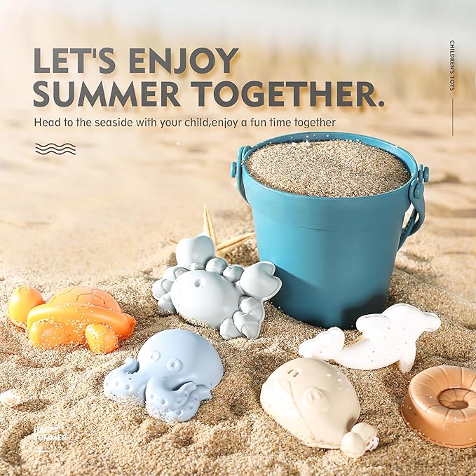 MarcZero 11Pcs Silicone Beach Toys,Modern Baby Beach Toys,Travel Friendly Beach Set,Eco Friendly Toy,Silicone Bucket, Shovel, 8 Sand Molds, Beach Bag,Silicone Sand Toys for Toddlers, Kids (Dark Blue)