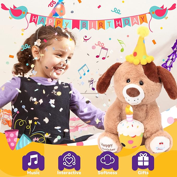 Hopearl Adorable Happy Birthday Dog with Glowing Cupcake Musical Stuffed Animal Puppy Singing and Shaking Plush Toy Interactive Animated Kids Gifts, Brown, 15''