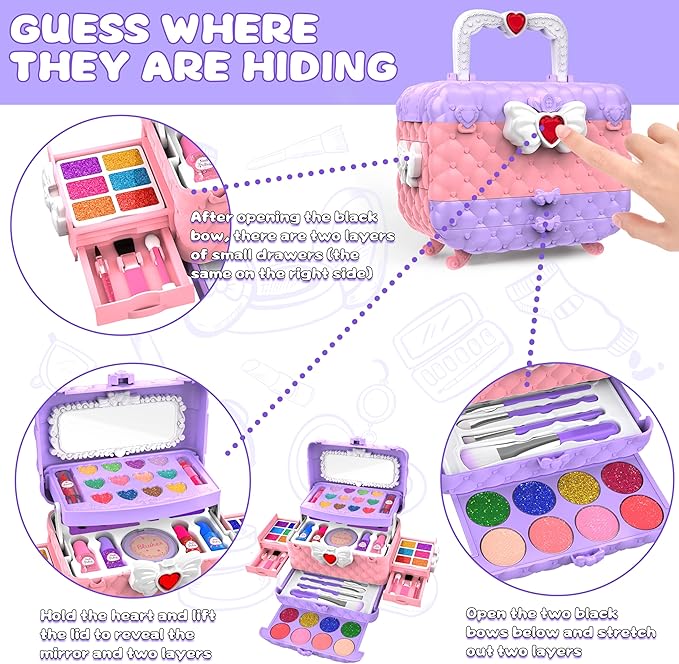 54 Pcs Kids Makeup Kit for Girls, Princess Real Washable Pretend Play Cosmetic Set Toys with Mirror, Birthday Gifts for 3 4 5 6 7 8 9 10+Years Old Girls Kids (Light Purple)