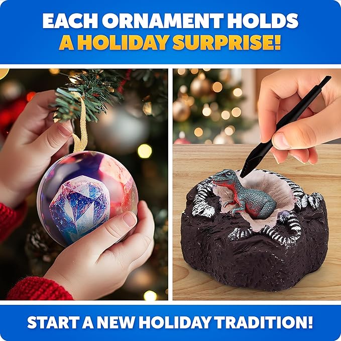 Blue Marble Science Surprise Christmas Ornament Kit for Kids- 4 Dig Kit Ornaments with Gemstone and Dinosaur Dig Bricks, Dino Digging Toys for Kids, Gem Excavation Stocking Stuffer for Boys and Girls