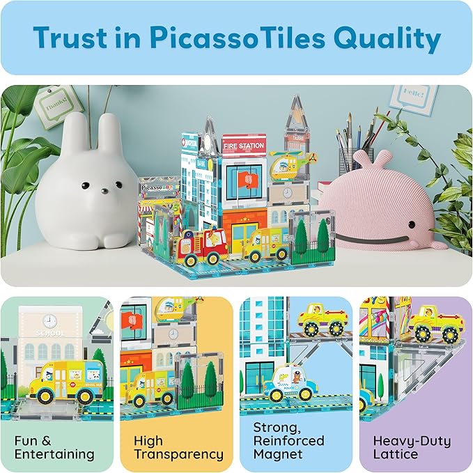 PicassoTiles Metro City Hospital Magnetic Tile Building Set with 8 Vehicles and Figures Educational Magnet Blocks Construction for Kids Age 3 Plus STEM Role Play Town Imagination Learning Toy PTQ14